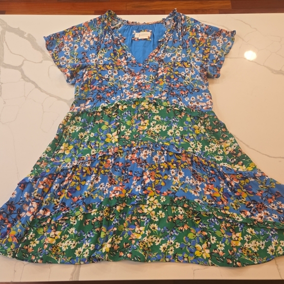 Anthropolgie Robin Tiered Ruffled Mini Dress Blue Green Womens Large - Picture 7 of 12